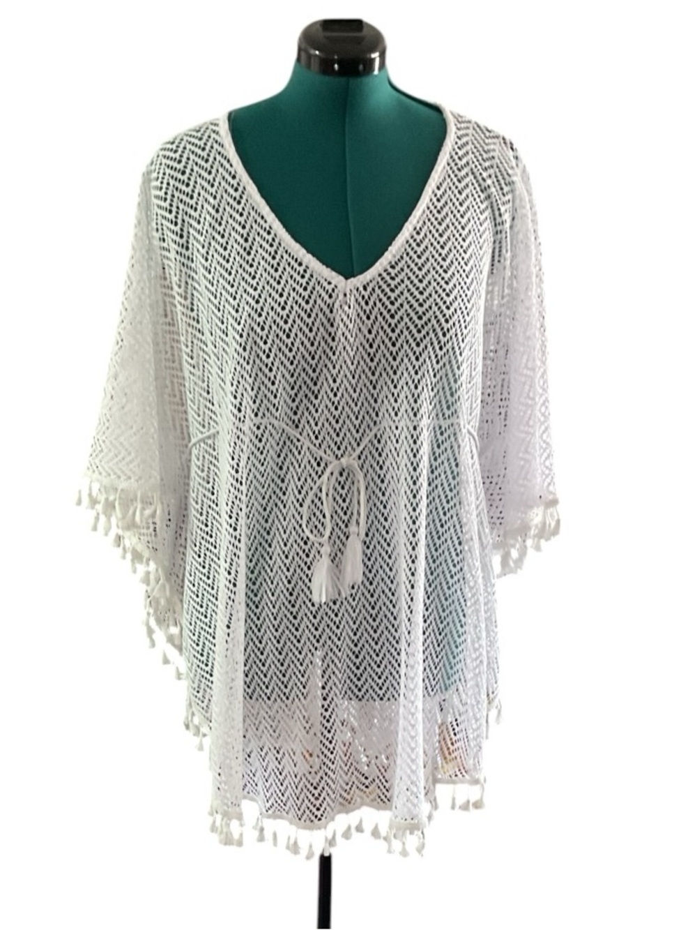 Lightweight White Crochet V-Neck Swim Coverup with Tassel Waist